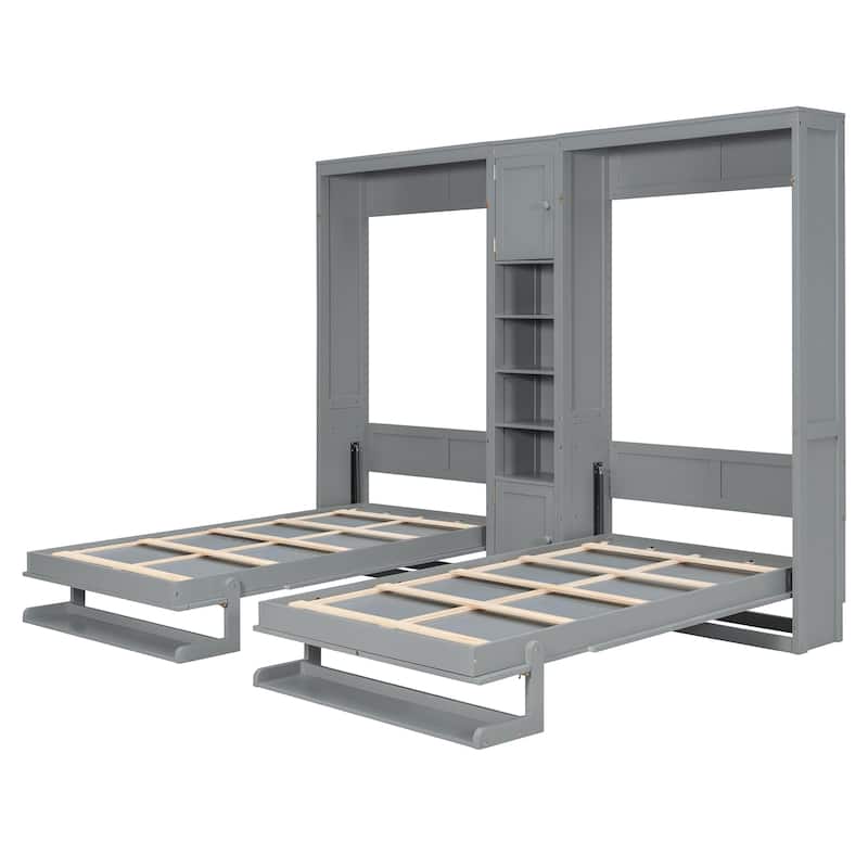 Roomfitters Twin Wall Murphy Bed System with Center Storage Shelves, Convertible Fold Down Sleeper Cabinet