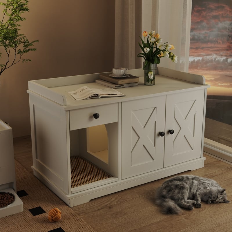 Cat Litter Box Enclosure with Hidden Storage Drawer and Integrated Litter Mat for Indoor Use
