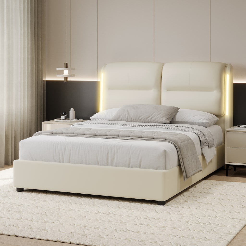 Queen Size Hydraulic Platform Bed with Lift Up Storage and Sensor LED Lights, PU Leather Bed Frame with Thick Headboard