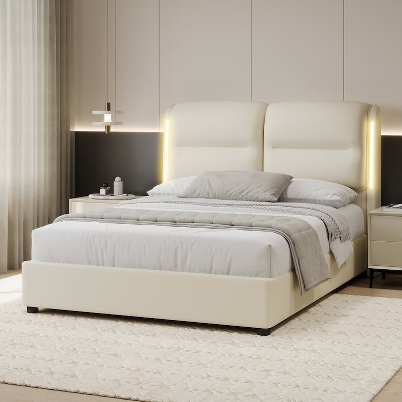 Roomfitters Upholstered Queen Size Hydraulic Platform Bed with Lift Up Storage and Sensor LED Lights,PU Leather Bed Frame - Cream - Queen