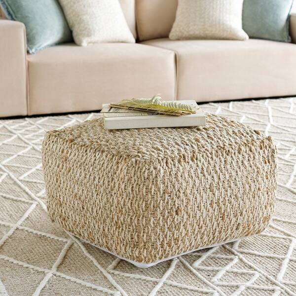 slide 2 of 2, Striped Ali Square Jute/Cotton Pouf (20" x 20" x 12")