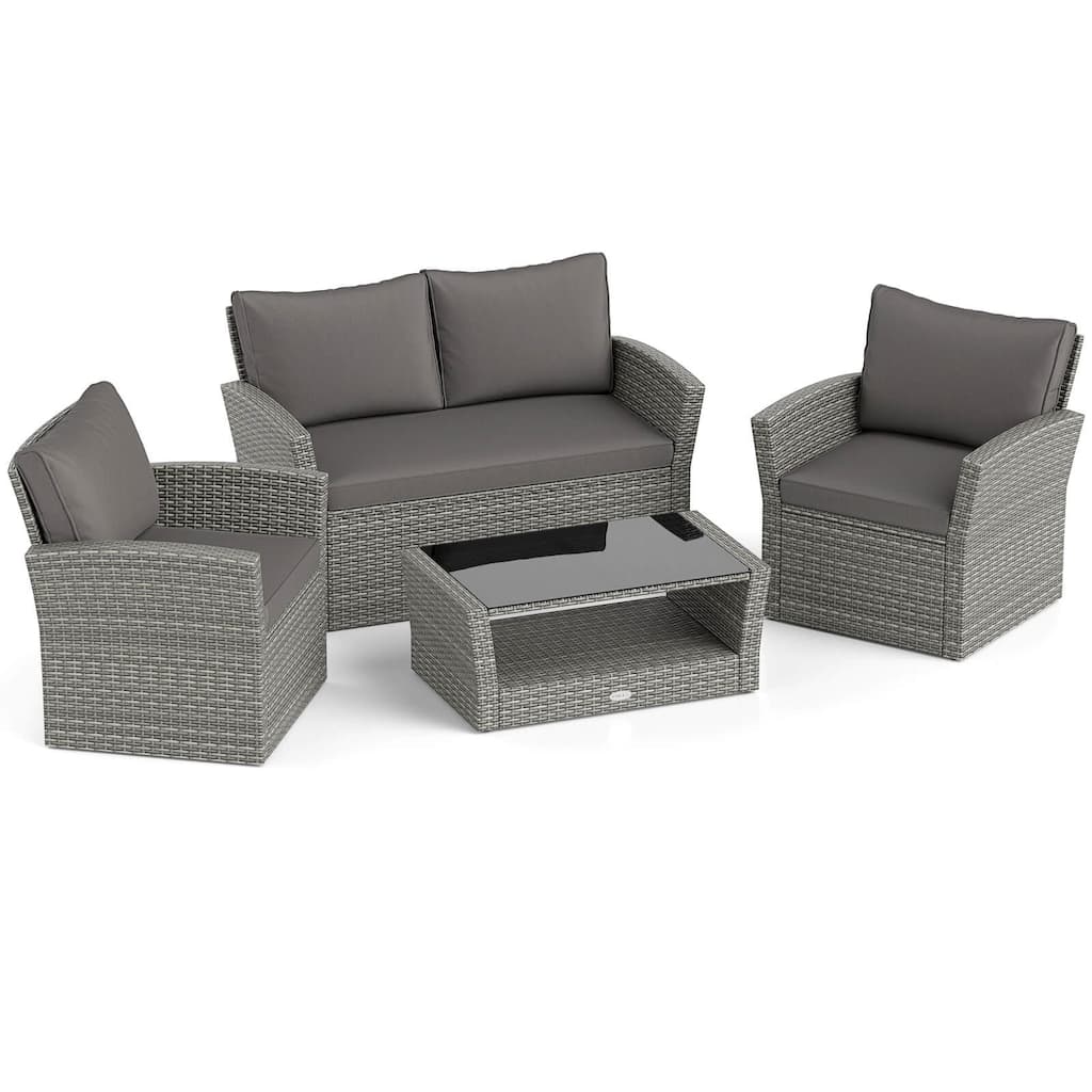 Costway 4 PCS Patio Furniture Set with 2 Rattan Chairs Loveseat Coffee - 4 PCS