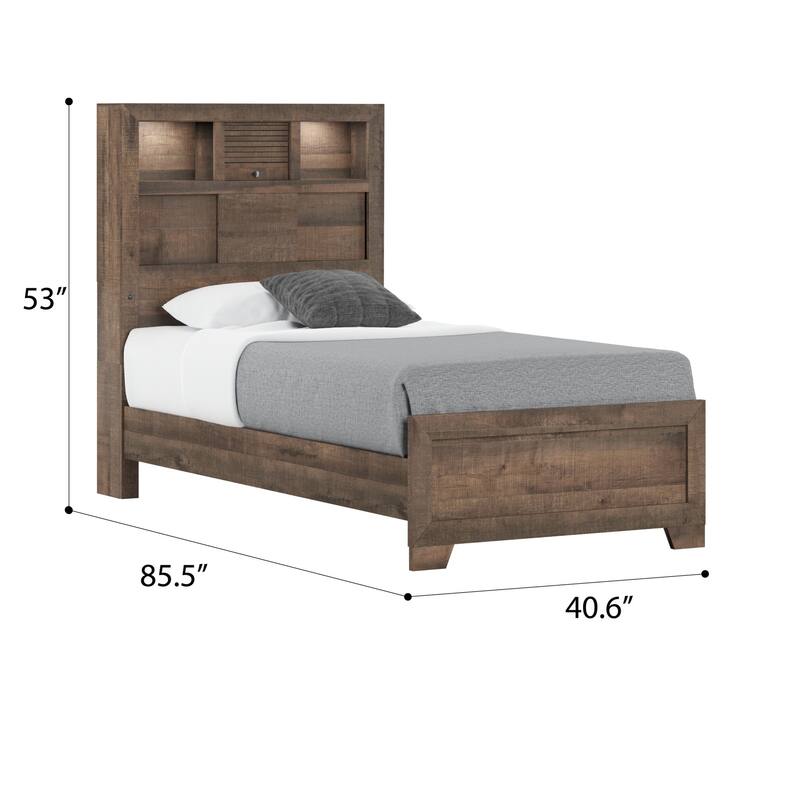 Twin Size Engineered Wood Bookcase Bed with Built-In Shelving and Casual Style