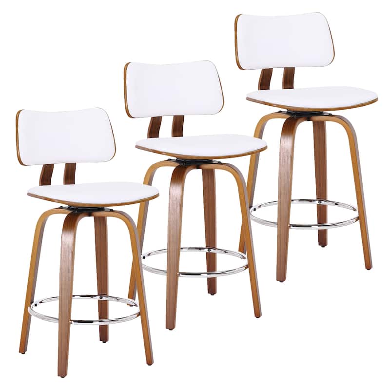 Mid-Century Faux Leather and Wood 26" Counter Stool with Swivel, Set of 3 - White and Walnut