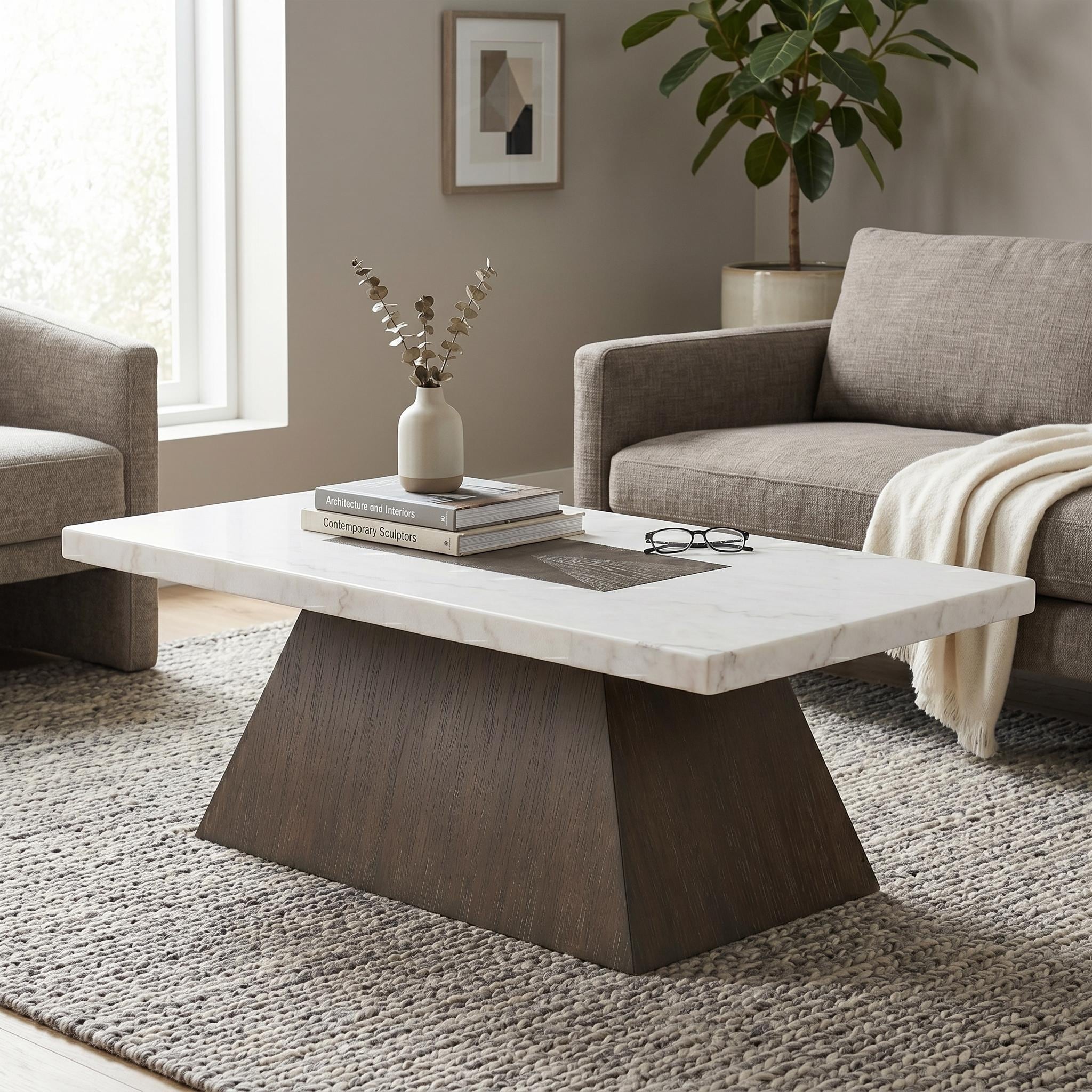 Furniture of America Evangeline Modern Dark Walnut Genuine Marble Top Coffee Table with Casters