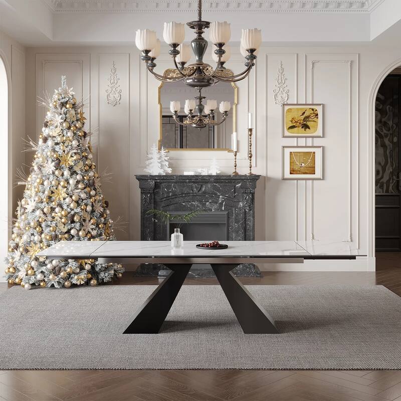 110.24" Extendable Rectangular Sintered Stone Double Pedestal Dining Table Seat 8-10 - Andes White