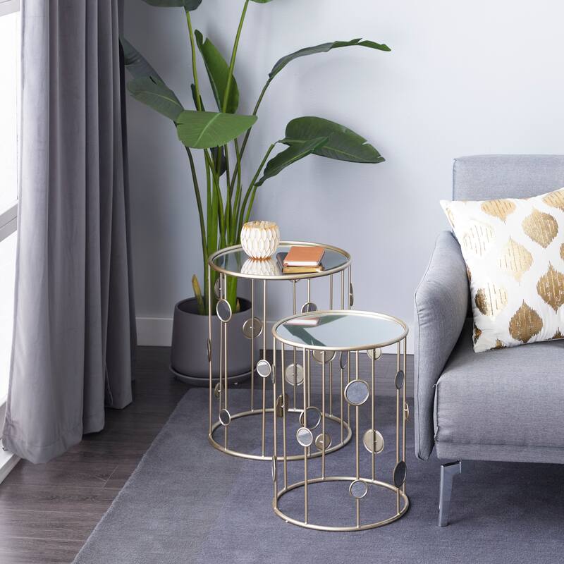 Gold Metal Open Frame Accent Table with Mirrored Glass Top and Circular Accents (Set of 2) - Gold