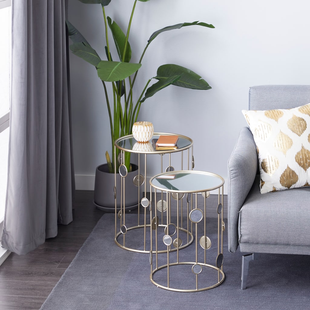 Gold Metal Open Frame Accent Table with Mirrored Glass Top and Circular Accents (Set of 2)