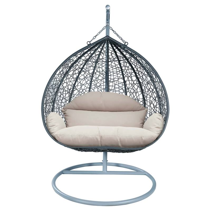 2-Person Egg Swing Chair in Grey Stainless Steel 2-Seater Porch Swing for Outdoor and Indoor - 77.95" Height - Beige