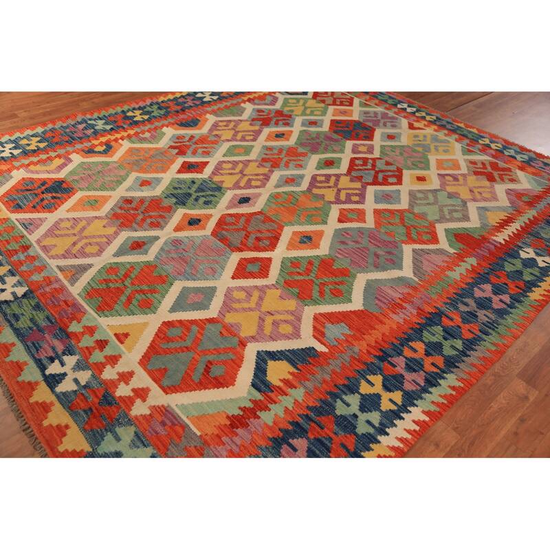 Colorful Kilim Oriental Area Rug Hand-Woven Wool Carpet - 8'5"x 9'9"
