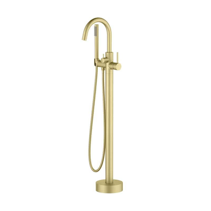 Circular Single Handle Floor Mounted Freestanding Tub Filler With Hand Shower - Brushed Gold