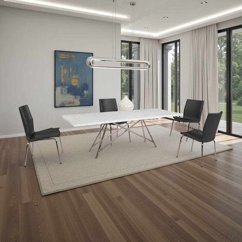 Levi 80 Inch Rectangular Carrara Marble Dining Table, Steel Legs, Chrome