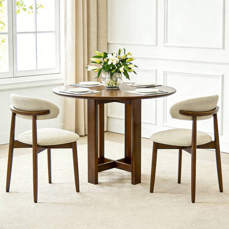 Wooden Dining Chairs Set of 2, Modern Fabric Upholstered Dining Room Chair with Curved Back, with Adjustable Foot Pads