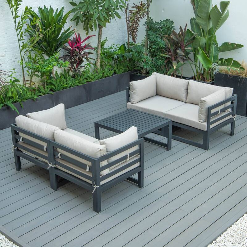 LeisureMod Chelsea 5-Piece Outdoor Patio Sectional and Coffee Table Set with Cushions - Beige