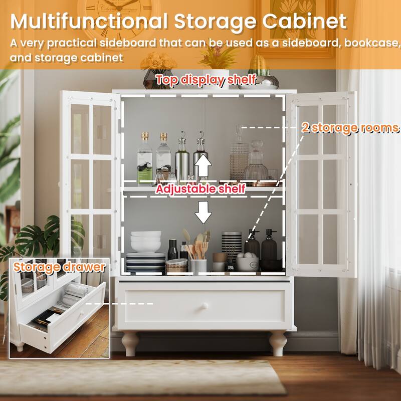 Modern Wooden Buffet Cabinet with Double Glass Doors & Drawer, Storage Sideboard for Dining Room & Entryway
