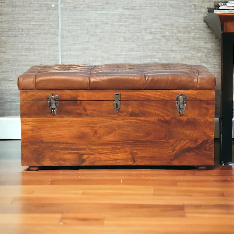 Artisan Furniture Solid Wood Buffalo Hide Chestnut Storage Trunk, Leather, Brown with storage - N/A