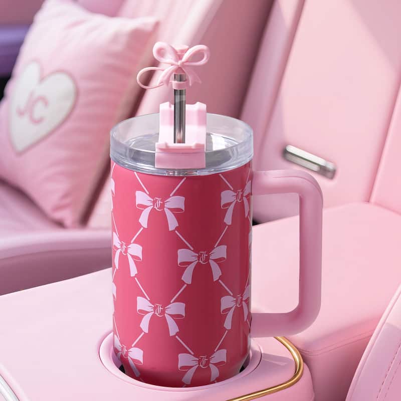 Juicy Couture Jetsetter Hydration Stainless Steel Tumbler with Handle and Straw With Topper
