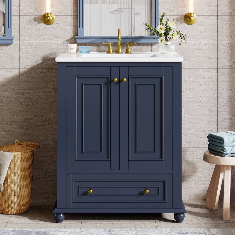Modern Freestanding Solid Wood Bathroom Vanity with Ceramic Sink, Adjustable Shelf Storage - 24 Inch - Blue