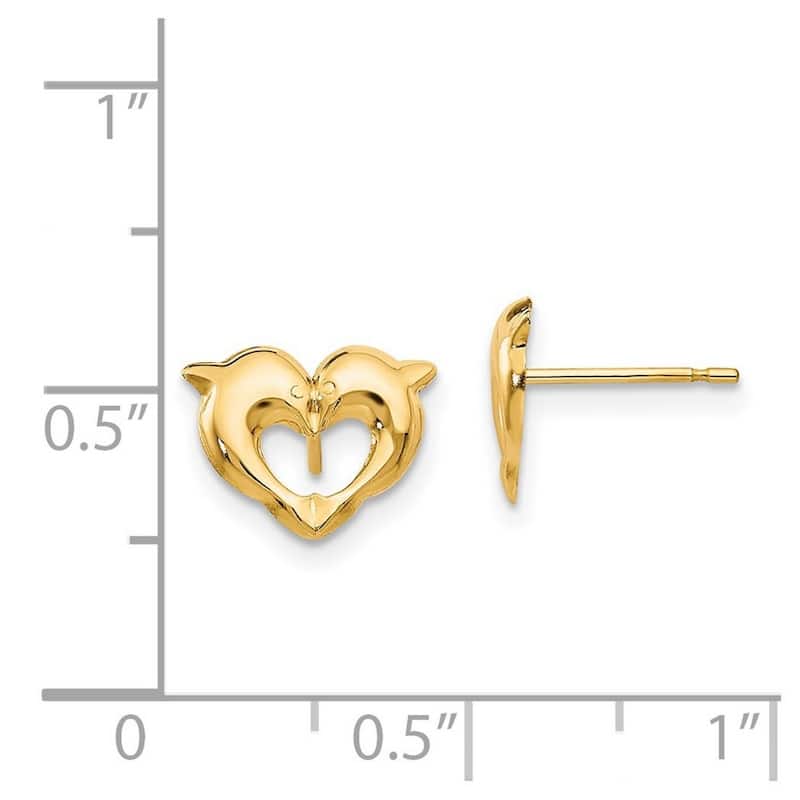 Curata Solid 14k Yellow Gold Childrens Polished Kissing Dolphins Post Earrings (8mmx10mm) - Orange