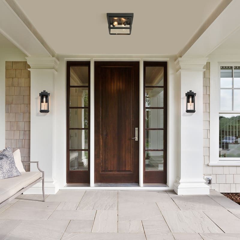 Modern Farmhouse 2-Light Black Flush Mount Glass Patio Outdoor Ceiling Lights - L 11" x W 11" x H 5.1"
