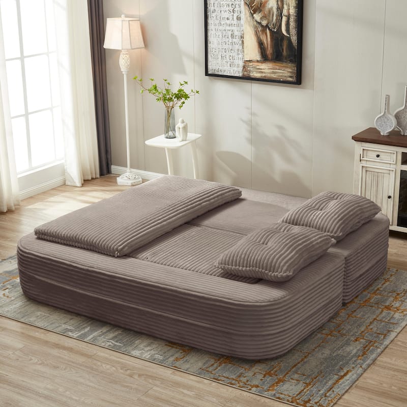 Sleeper Sofa with Chaise Lounge, Convertible Sectional Couch Bed, Corduroy 3-Seat Sofa, Folding Boneless Couch