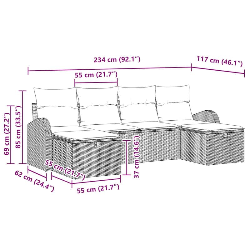 vidaXL 6 Garden Sofa Set with Cushions Black/Brown/Grey Poly Rattan - 92.1 x 46.1 x 27.2