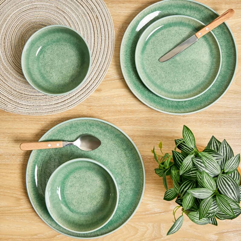 Sango Asher 12-Piece Green Stoneware Dinnerware Set - Service for 4, Plate & Bowl Set