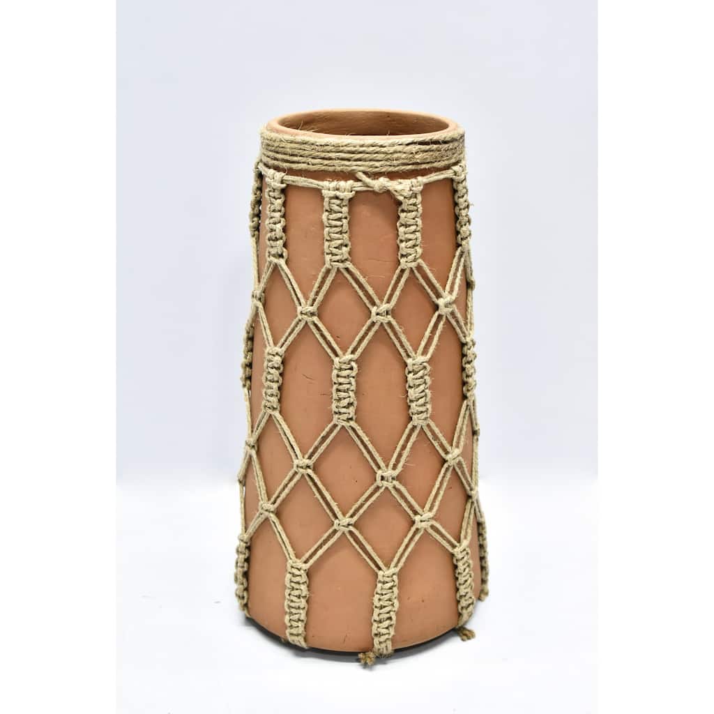 Large Mud Cylinder Vase with Jute Rope - 12.5" - Camel Brown