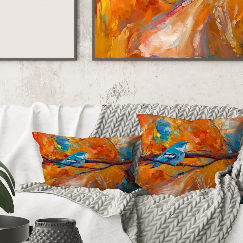 Designart 'Blue Cerulean Warbler Bird On A Branch' Traditional Printed Throw Pillow