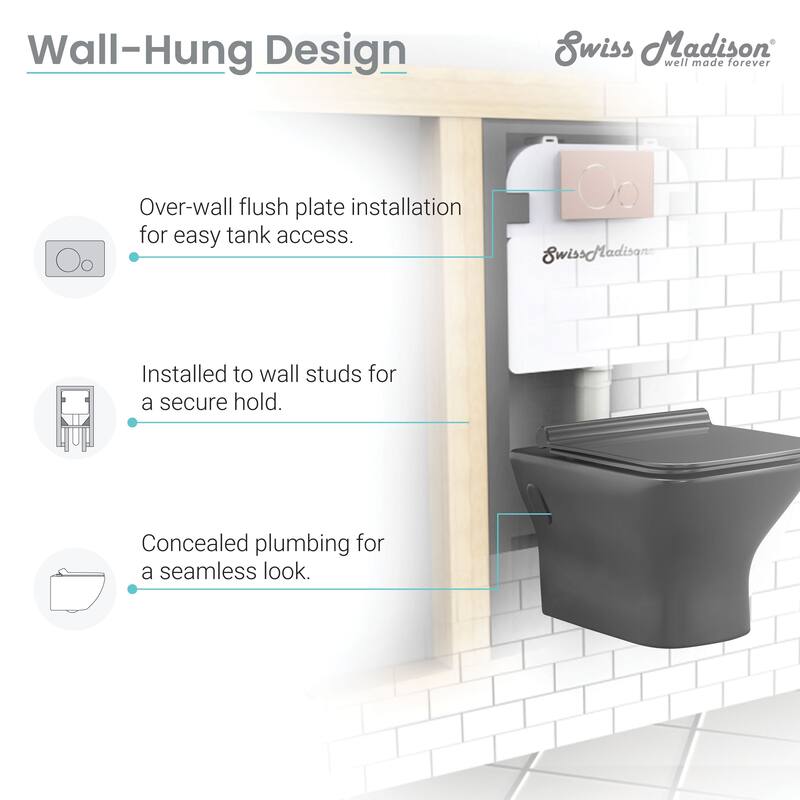Swiss Madison Bastille Wall-Hung Toilet Bowl Only in Matte Black - 22.5" x 14.0" x 14.0"