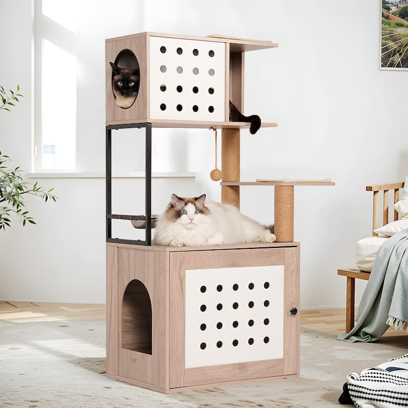 Cat Tree with Litter Box Enclosure, All-in-one Cat Tower for Indoor Cats with Large Hammock, Bed, Food Station, Scratching Posts