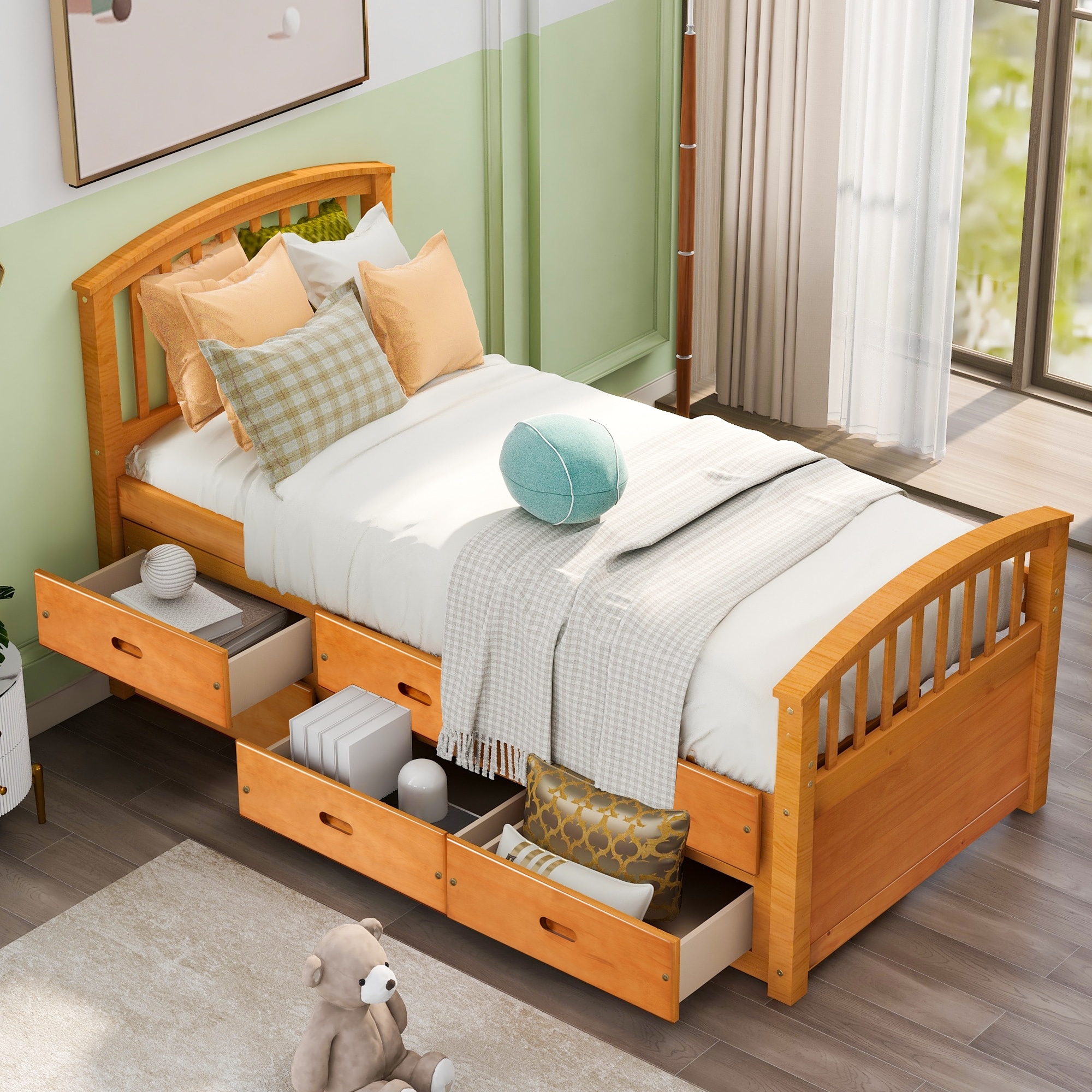 Oak Pine Wood Twin Size Platform Bed Frame
