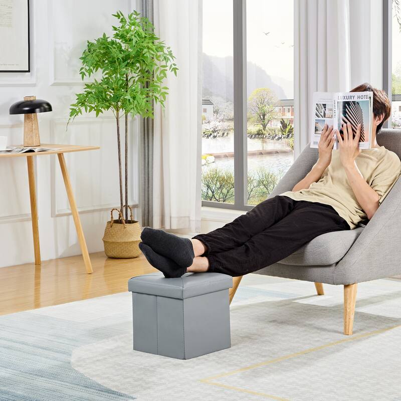 2 PC Storage Folding Ottoman, Storage Footrest Stool, Faux Leather Storage Bench Cube with Padded Seat for Small Space