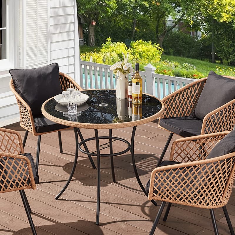 35" Square/Round Outdoor Dining Table - All-Weather Wicker Patio Table with Tempered Glass Top & Iron Frame for Balcony