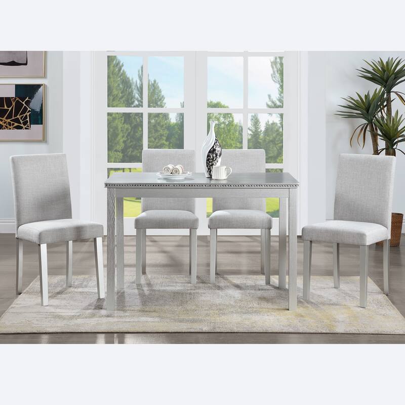 5-Piece, Modern Dining Table Set with Crystal-Embellished Dining Table and 4 Upholstered Dining Chairs, for Dining Rooms, White