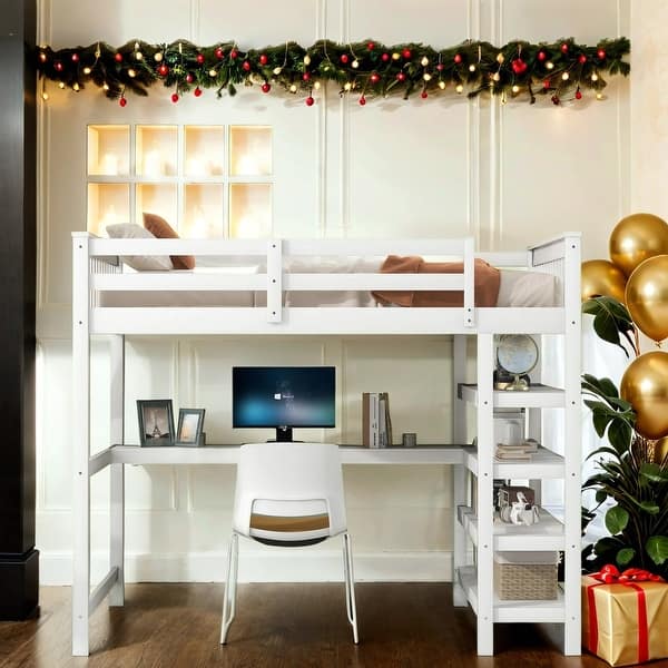 slide 2 of 14, Pine Wood Bunk Bed with Storage Shelves and Under-Bed Desk,Full Size White