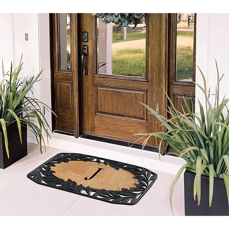 A1HC Rubber and Coir Stylish Leaf Border Large Outdoor Durable Monogrammed Doormat, Black - 23" X 38"