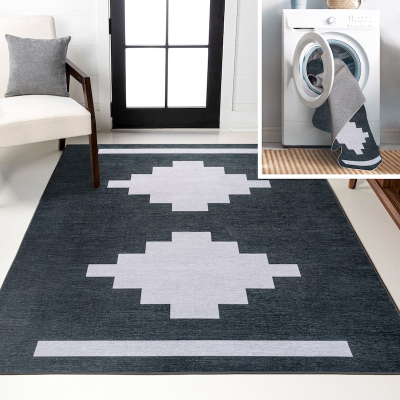 JONATHAN Y Luola Solid Low-Pile Machine Washable Area Rug - 4 X 6 - Navy/Light Gray