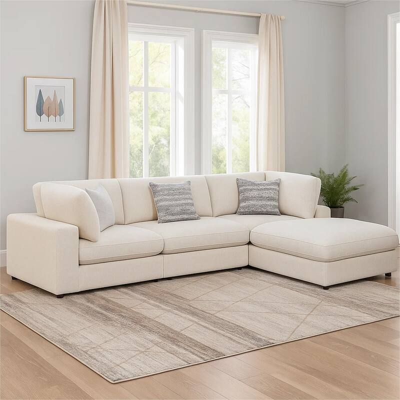 Serena 4pc Modular Sectional Sofa, Ottoman, 3 Pillows, Beige Jacquard