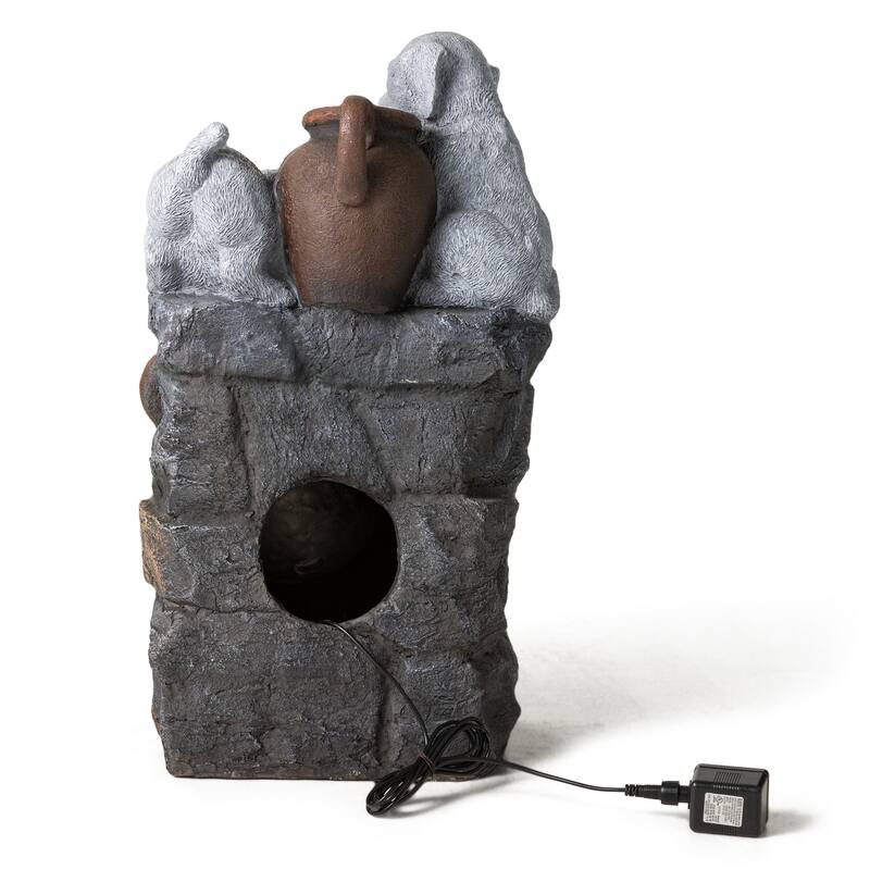 Glitzhome 4-Tiered Dogs or Elephant and Pot Polyresin Outdoor Fountain with Pump and LED Light