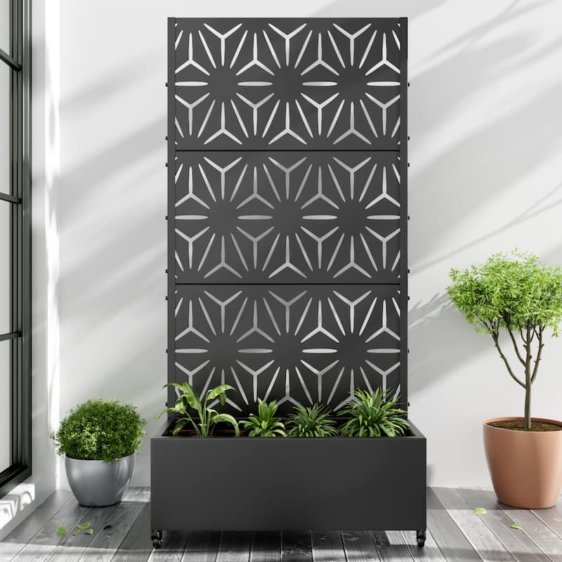 Metal Movable Planter Box with Trellis Privacy Screen Planter Box with Lockable Wheels - Black2