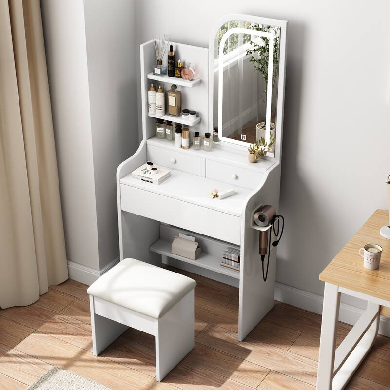 Fashion Vanity Desk with Mirror and Lights for Makeup with hair dryer holder and Chair, Vanity Mirror with Lights