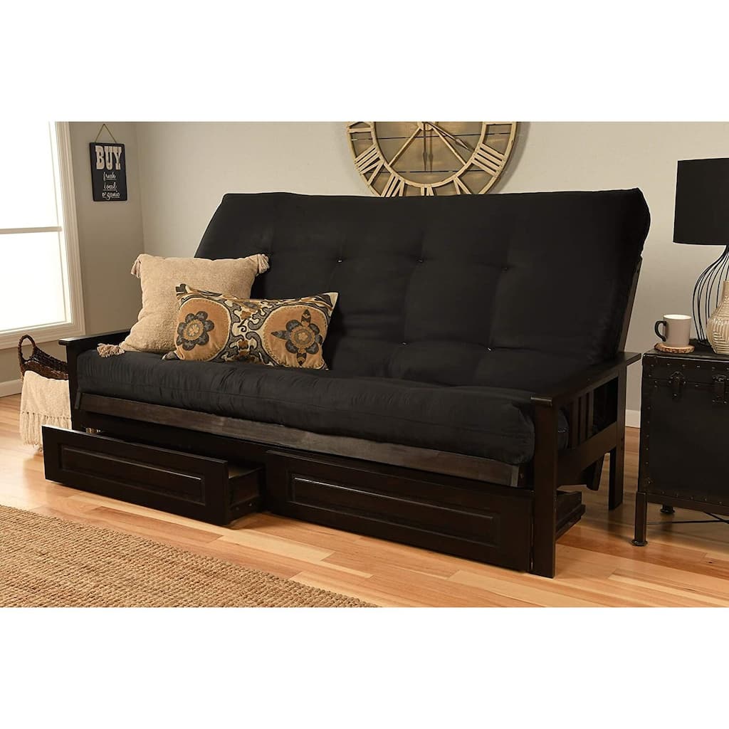 85 in. Espresso/Suede Black Polyester Upholstered Queen Size Futon Set with Mattress and Storage Drawers
