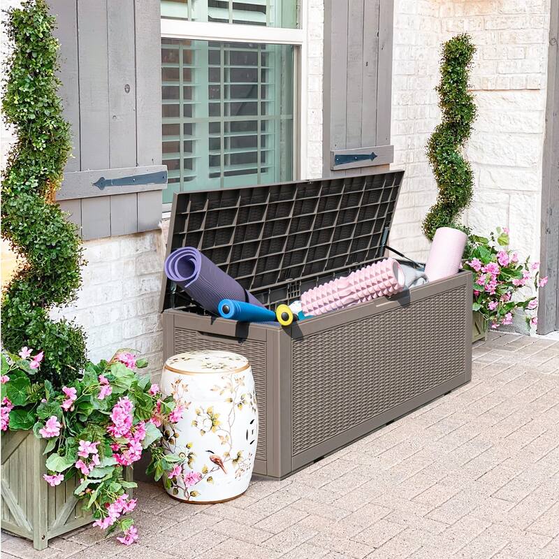 100 Gallon Outdoor Storage Box Waterproof Large Resin Deck Box Patio Storage Bench Lockable Storage Container