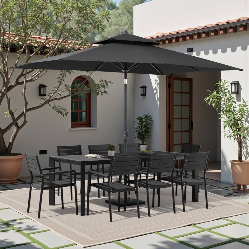 9/11-Piece Outdoor Patio Dining Set Aluminum Dining Table and Stackable Chairs w/10 ft Market Umbrella and Base