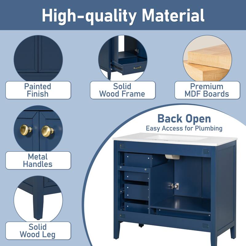 36" Bathroom Vanity with Sink Set, Wood Frame Vintage Bathroom Cabinet Vanity with Soft-Closing Doors & Drawers