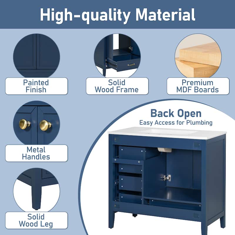Roomfitters Bathroom Vanity with Sink, Cabinet with Soft-closing Door and Four Drawers of Varying Sizes, Solid Wood Frame