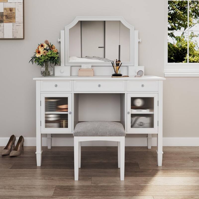 Vanity Dresser with Mirror and Stool Set Storage Drawers Luxury Furniture - White