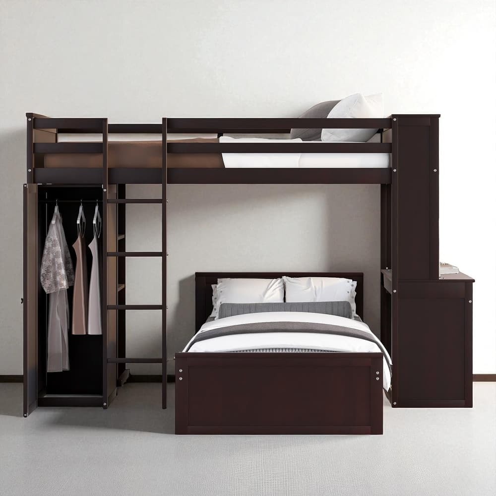 Twin/Full Loft Bed with Stand-Alone Bed, Desk, Shelves & Wardrobe, Wooden Frame with Storage and Guardrail