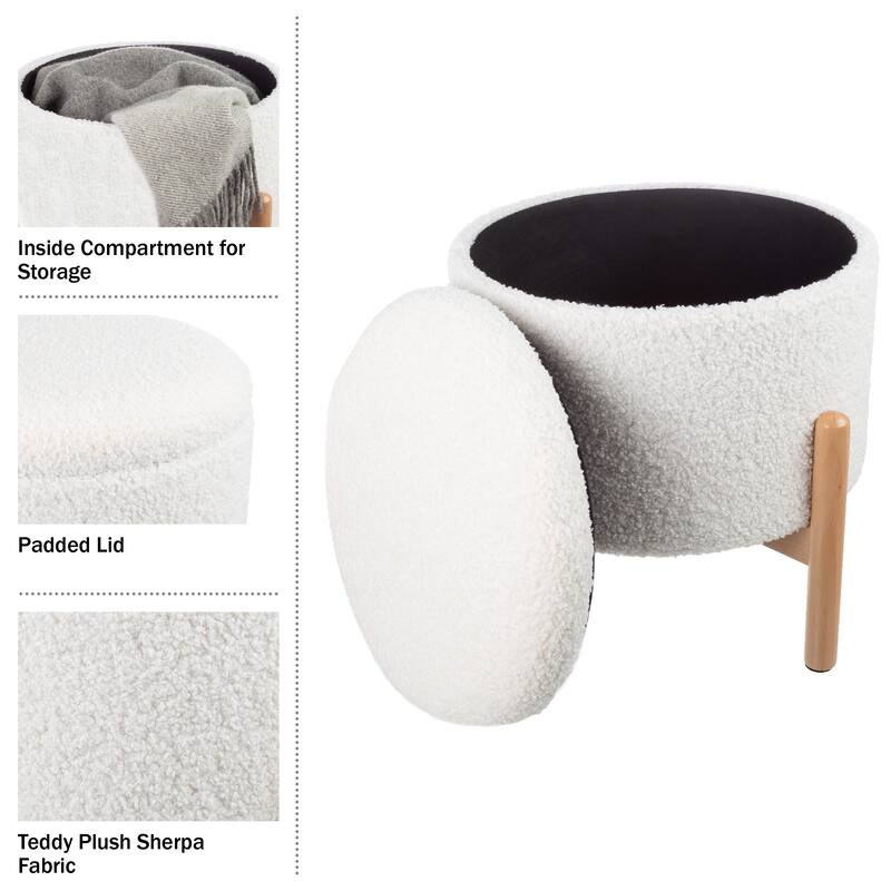 Storage Ottoman - Round Sherpa Footrest or Storage Organizer with Removable Top by Lavish Home (White)
